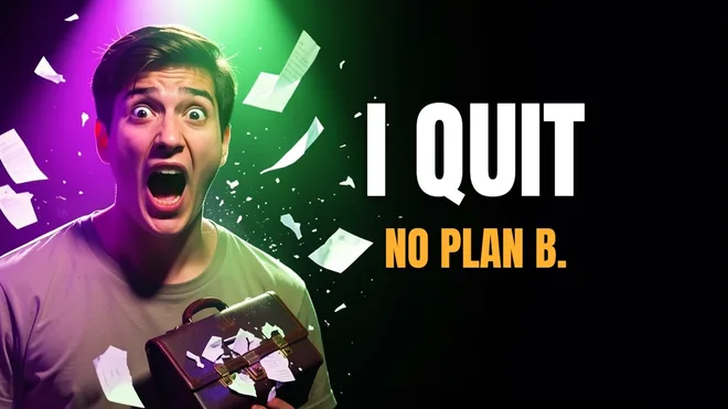 YouTube thumbnail of a shocked man with flying papers and bold "I QUIT — NO PLAN B." text