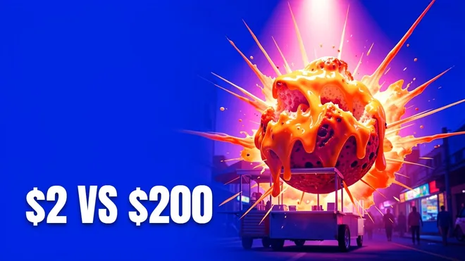 YouTube thumbnail of a street food cart explosion with bold "$2 vs $200" text