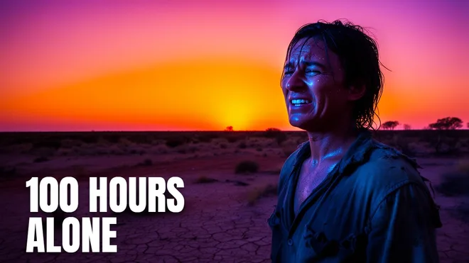 YouTube thumbnail of an exhausted man at sunset in the outback with bold "100 Hours Alone" text